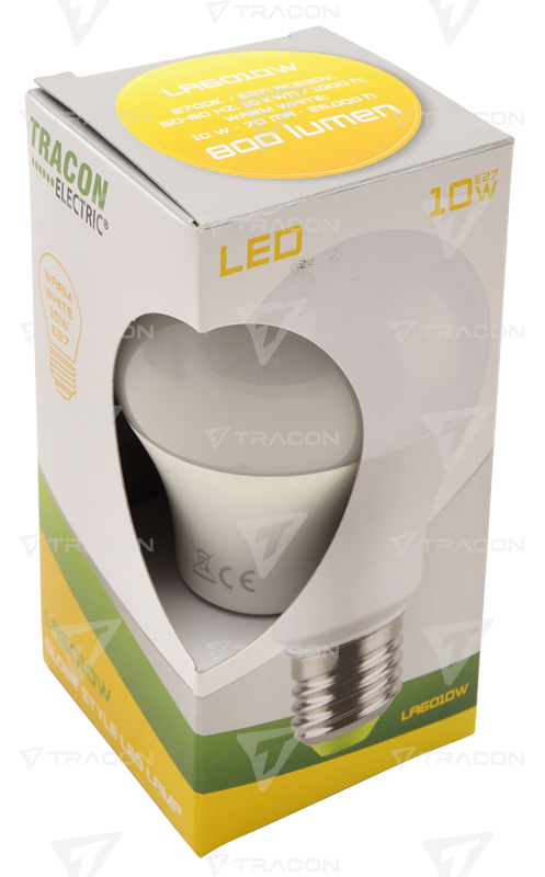 Globe style LED bulb, 230 V, 50 Hz, 10 W, 2700 K, E27, 935 lm, 200°, A60,  EEI=F, Normal globe form – Globe shaped LED bulb – LED light source – Light  sources – Tracon Electric